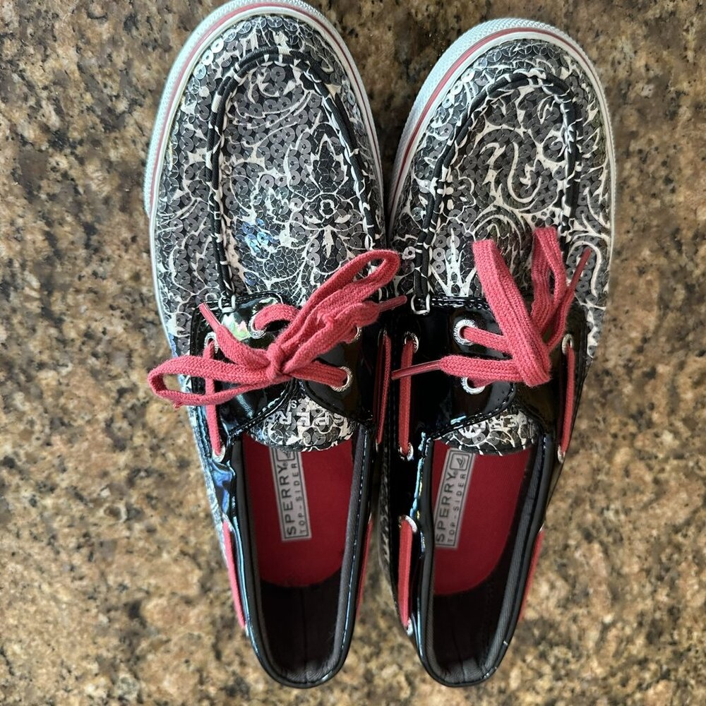 Sperry Top Sider Boat Shoes, Unique Black&White Sequined, Red Laces - Size 7.5